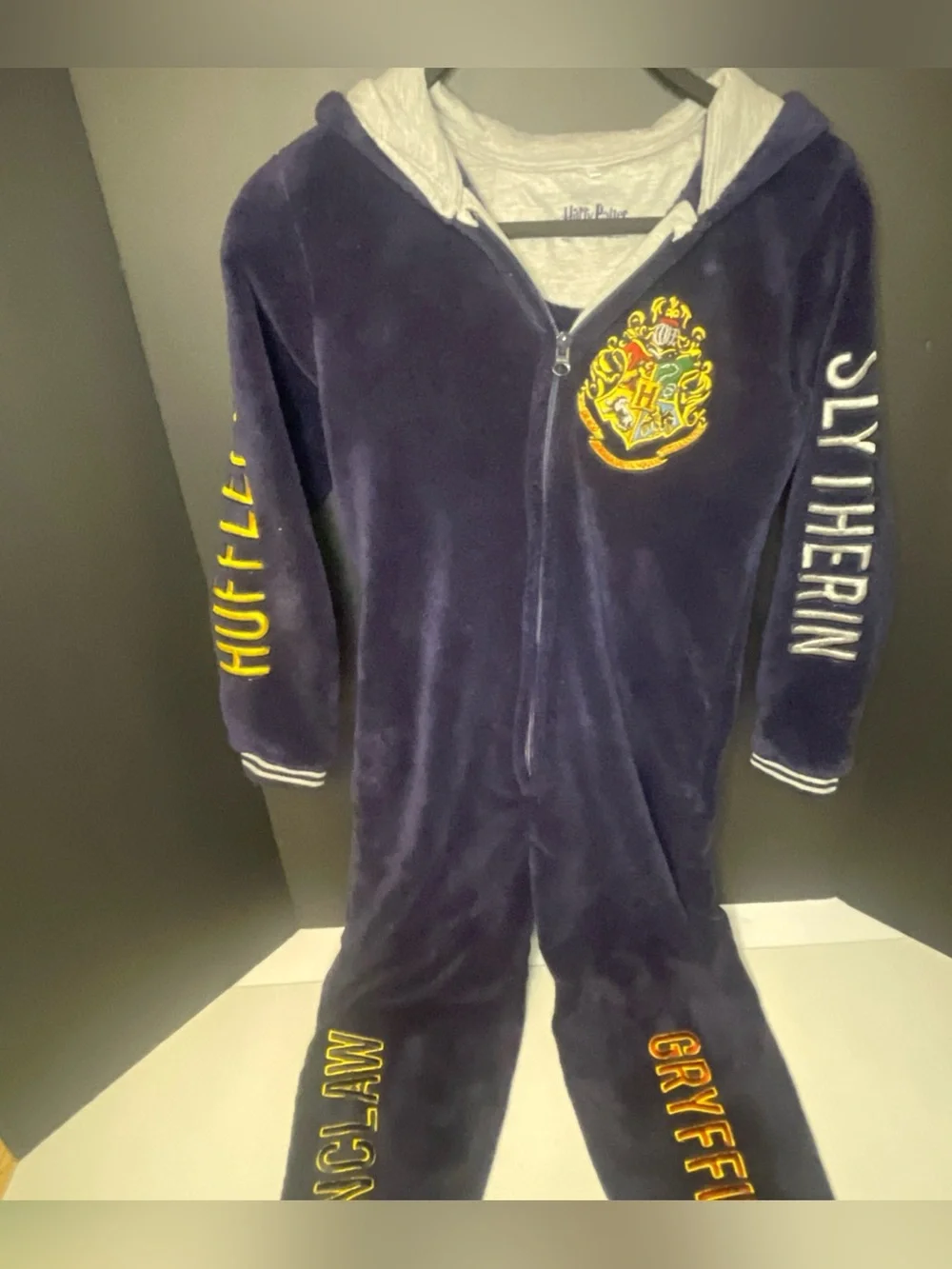 Harry Potter Kids 10-11 Slytherin One- Piece Pajama Fleece Navy Blue Zip Up